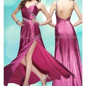 NWT Purple/Silver Jeweled Low Back Satin LaFee Prom 12